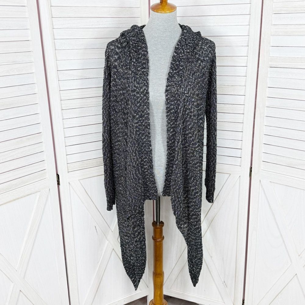 Rachel Zoe Melange Hooded Cardigan Sweater Low Hi Open Front Waterfall Black S
